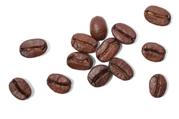 Many roasted coffee beans isolated on white, top view