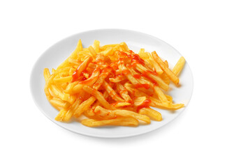 Tasty french fries with ketchup isolated on white