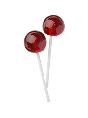 Two sweet red lollipops isolated on white, top view