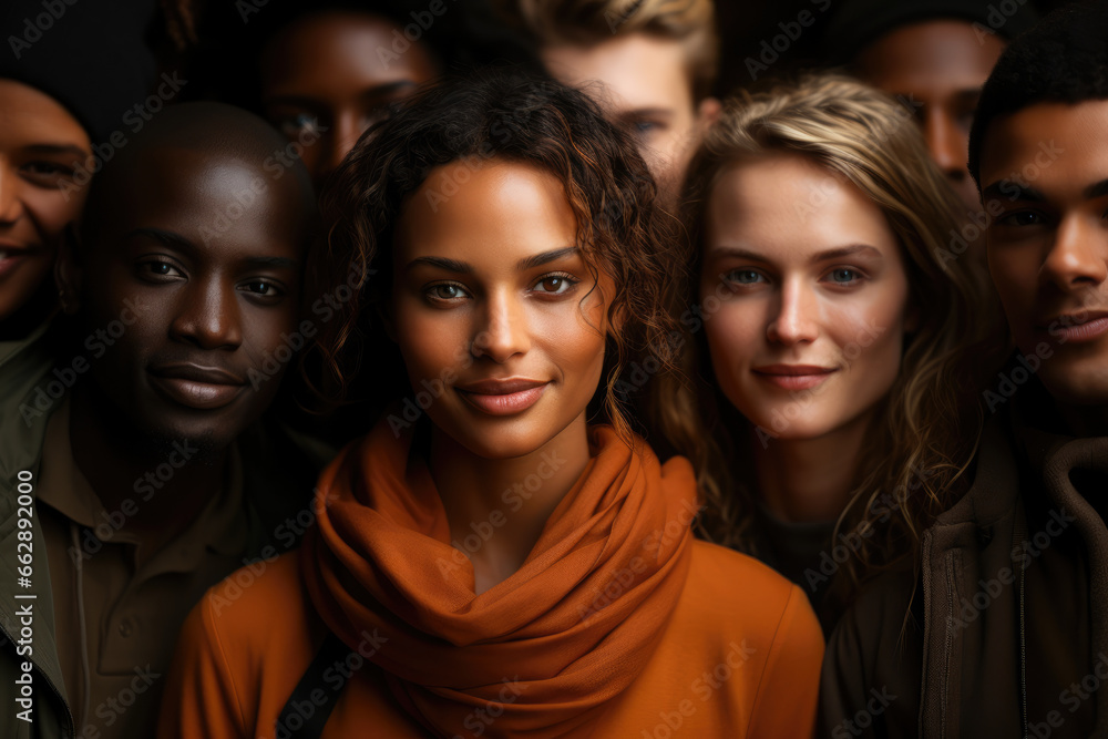 Poster a mosaic of diverse faces united against stereotypes, illustrating the power of inclusivity. concept