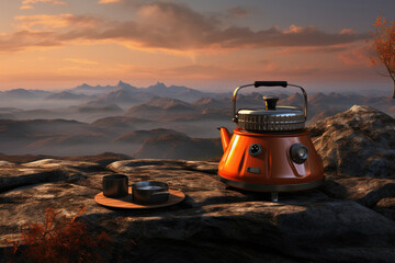 Amongst the stunning mountain scenery at sunrise, there is a camping hot water bottle for your morning drink.