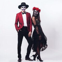 Fototapeta na wymiar Halloween, holidays, celebration and people concept - man and woman with sugar skull makeup