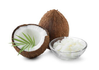 Organic coconut cooking oil, fresh fruits and leaf isolated on white