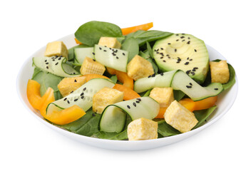 Bowl of tasty salad with tofu and vegetables isolated on white
