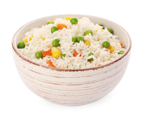 Bowl of delicious rice with vegetables isolated on white