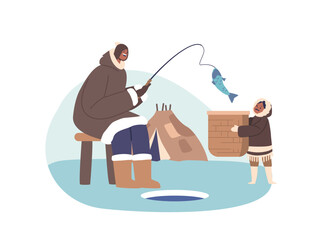 Eskimo Parent And Child Characters Engage In Fishing Together, Passing Down Traditional Skills And Knowledge, Vector - obrazy, fototapety, plakaty