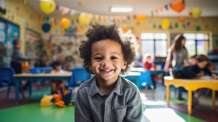 Little preschooler in the background of a classroom - obrazy, fototapety, plakaty