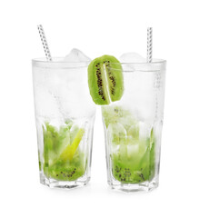 Glasses of refreshing drink with kiwi isolated on white