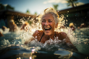 Elderly woman laughing joyfully, embracing the summer vibes in a sunlit pool.