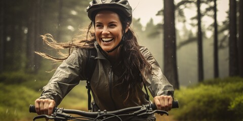 Fototapeta premium Woman riding a bike next to a pine forest enjoying a warm summer rain and sun , concept of Nature