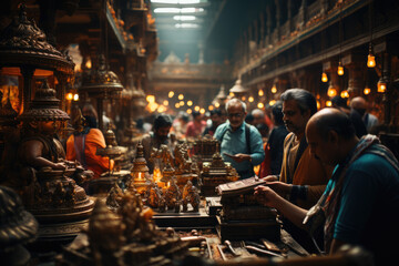 A bustling Indian marketplace with colorful displays of Hindu deities, showcasing the rich tapestry...
