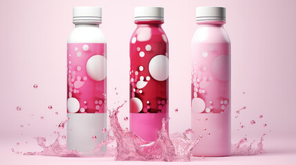 Refreshing drink packaging design template with bubbles and juice. Plastic bottle mockup in 3d render pink illustration style. 