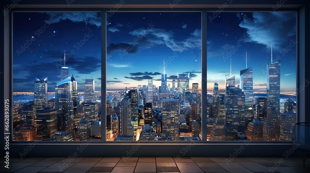 Poster a large window with a view of a city at night. generative ai