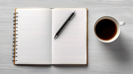 Cup of coffee and notepad with pen, top view.