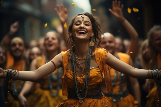 A Hare Krishna devotee chanting and dancing, spreading joy and devotion through the streets. Concept of ecstatic devotion. Generative Ai.