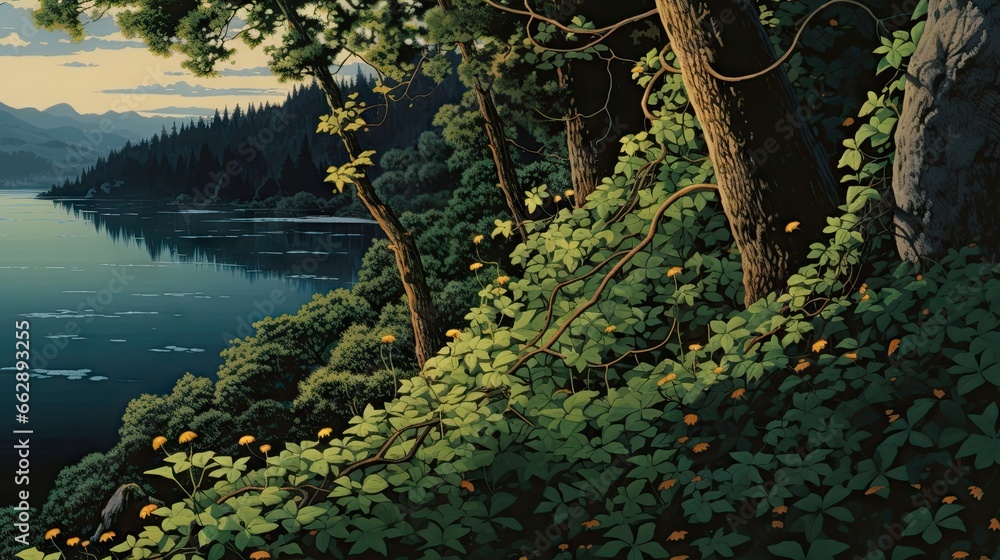 Poster a painting of a lake surrounded by trees and bushes with oranges on them. generative ai