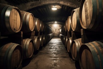 A cellar full of aging barrels for making wine or whisky. Generative AI