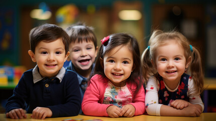 Group of little preschoolers sits at a desk in background of class