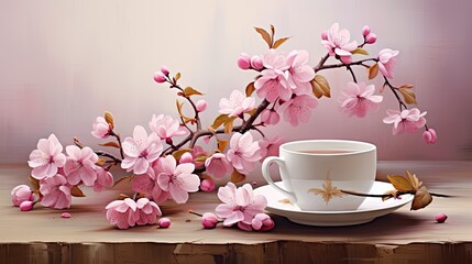 Fototapeta na wymiar a painting of a cup and saucer with pink flowers. generative ai