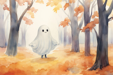 cute ghost in autumn forest with orange leafs for children's book halloween wallpaper background in textured pencil hand drawn color block sketch illustration style - obrazy, fototapety, plakaty