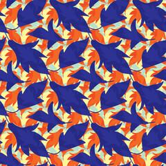 Abstract modern style leaf seamless vector pattern background. Textural blended leaves backdrop. Tropical tossed design. Nature foliage repeat for summer. Scattered mix orange, cobalt blue.