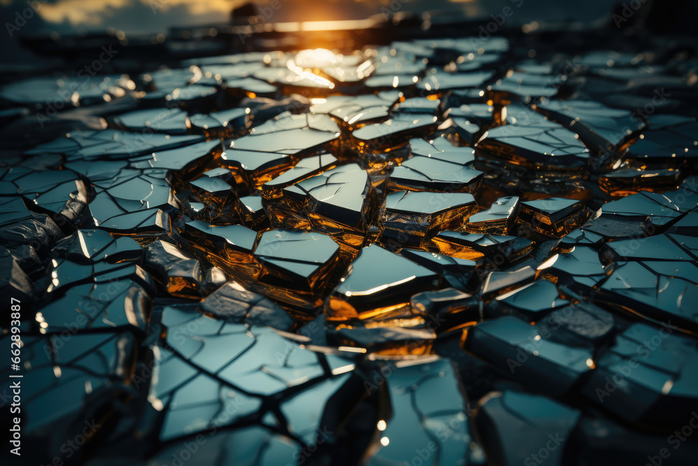 Poster a distorted reflection in a cracked mirror, where the viewer's image appears fractured and disjointe