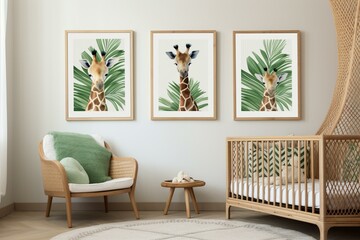 Jungle-themed kids room with wooden frame mockup showcasing giraffe and palm motifs in a nursery. Generative AI
