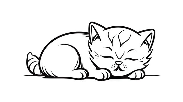  a black and white drawing of a cat sleeping on the ground.  generative ai