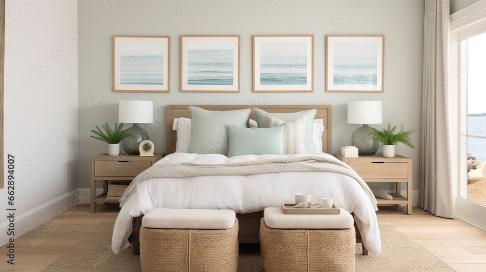 Poster a bedroom with a large bed and a window with a view of the ocean. generative ai