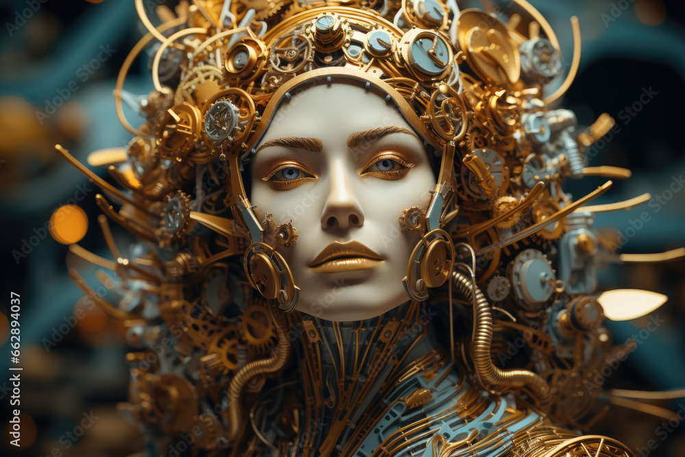 Poster a surreal portrait of a woman with a face composed of intricate clockwork gears and cogs, symbolizin