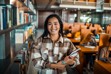 Portrait of a young smart woman holding books in a university library