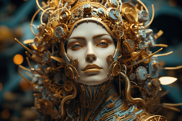 A surreal portrait of a woman with a face composed of intricate clockwork gears and cogs, symbolizing the complexity of the human mind. Concept of inner workings. Generative Ai.