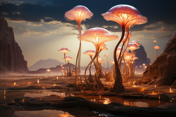A desert landscape with giant, luminescent mushrooms sprouting from the sand, creating an otherworldly and hallucinogenic scene. Concept of desert dreams. Generative Ai. - obrazy, fototapety, plakaty