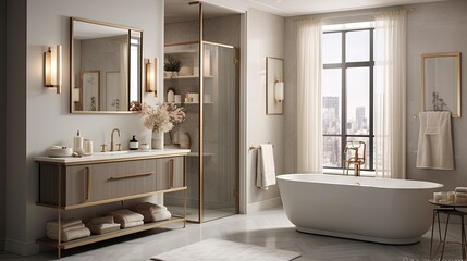  a bathroom with a tub, sink, mirror and a window.  generative ai