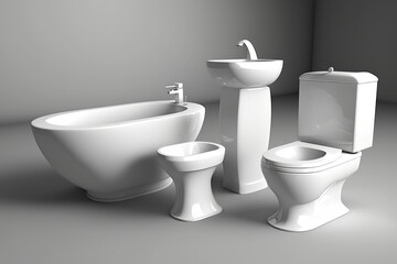 Naklejka na ściany i meble bathroom accessories White washbasin, toilet seat, and bathtub. clean restrooms, modern mockups. Generative AI