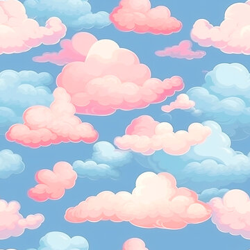 Watercolor clouds blue pink sky baby nursery kids seamless pattern