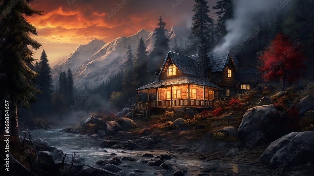 Poster a painting of a cabin in the mountains with a river running through it. generative ai