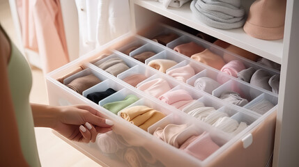 Young woman choosing clothes in a dressing room with a closet of clothes. Personal stylist, selection of clothes, ergonomic storage and organization.