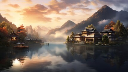 Fototapeta premium a painting of a lake with a mountain in the background. generative ai