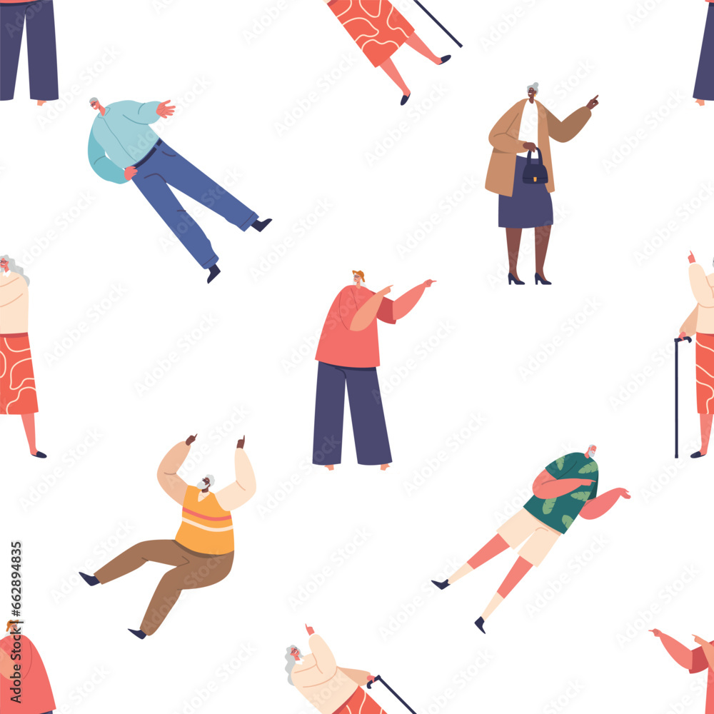 Poster playful seamless pattern featuring adorable seniors with animated expressions, playfully pointing in