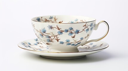  a tea cup and saucer with blue flowers on it.  generative ai