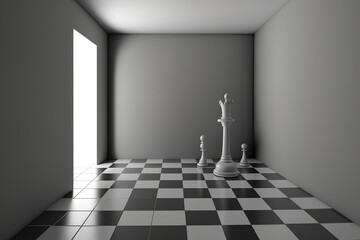 Gray room with daylight and chess patterns on the floor. Generative AI