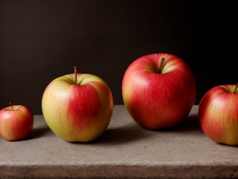 Approximation image of apples of different sizes on an old stone slab, with dark background.
