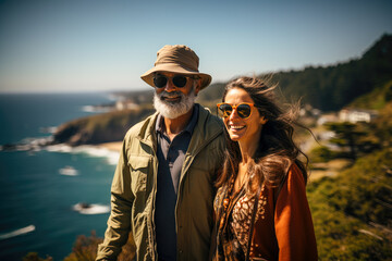 Joyful mature couple enjoying scenic ocean view, radiating happiness and adventure on a sunny coastal getaway.