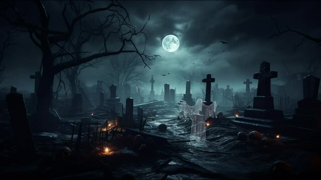 Fant&ocirc;me et chauve-souris dans un cimeti&egrave;re effrayant la nuit