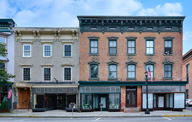 American small town main street with 19th century buildings with ornate roof cornice - 662895456