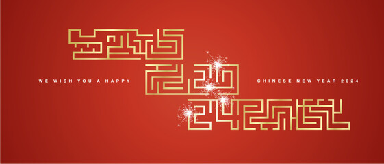 We wish you a Happy Chinese New Year 2024 with sparkle firework. Modern golden 2024 typography with continous mystic labirinth in shapes of dragon on red background