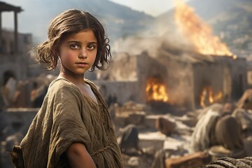 Devastating Ancient greek volcano eruption village disaster. Child girl greek. Generate Ai - obrazy, fototapety, plakaty