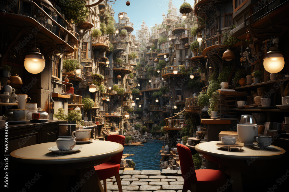 Aufkleber a surreal cityscape where buildings are constructed from oversized everyday objects like teacups and