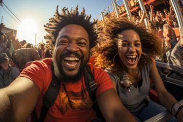 Joyful friends capturing exhilarating roller coaster moment at sunset in an amusement park.